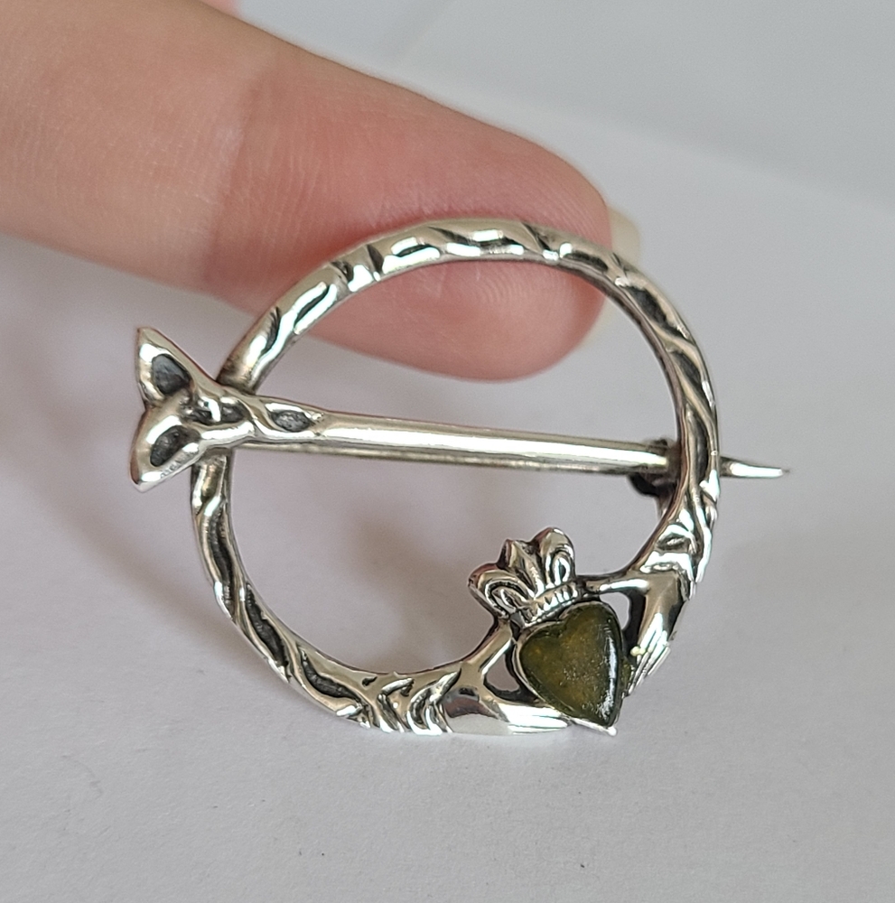 Vintage Boho Connemara Marble Irish Celtic Sterling Silver Round Pin Brooch